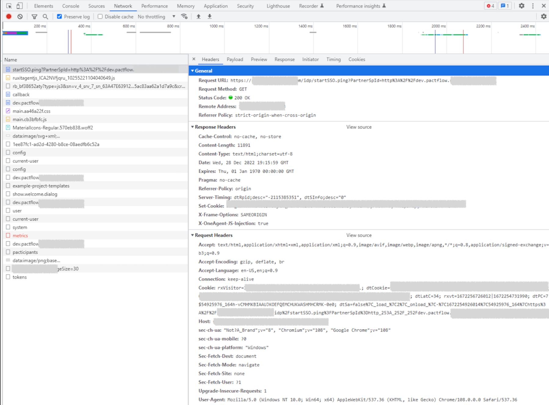 SSO login request in browser dev tools